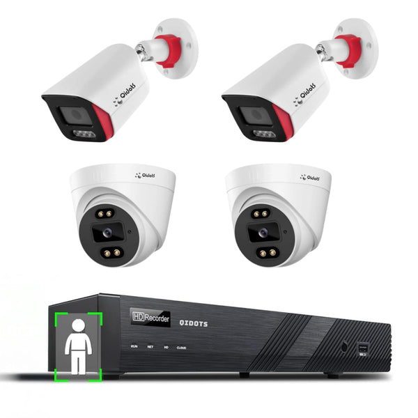 QIDOTS 4 Channel 4K 8MP IP 2Pc Bullet + 2Pc Dome Security Camera Full Combo Set ColourVu Dual Mode with One Way Audio with10CH 4K NVR Kits, 4-Port POE Switch IP CCTV Camera Kits